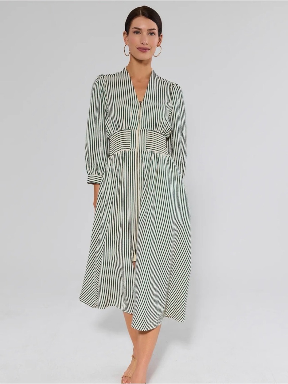 entro Green and Cream Striped Shirt Dress